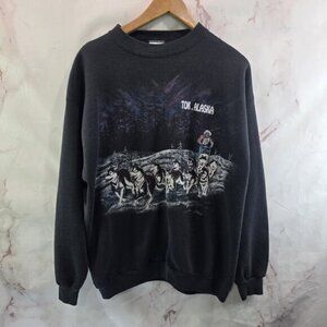 Vintage Sweatshirt Womens Large Black Husky Dog Sled Tok Alaska Nature Forest